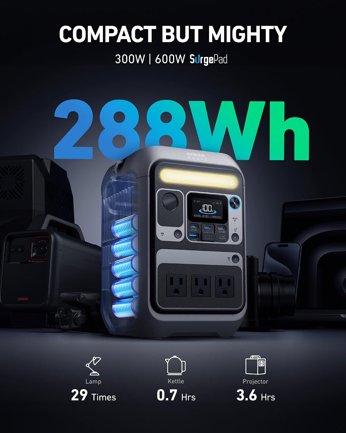 Anker SOLIX C300 Portable Power Station, 288Wh LiFePO4 Battery, 300W (600W Surge) Solar Generator, 140W Two-Way Fast Charging, with NEBULA X1 Triple Laser 4K Projector