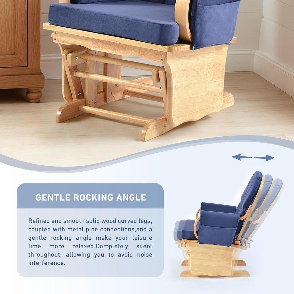 Rubber Wood Gliding Rocking Chair for Nursery, Rocking Chair Glider Rocker with Arm Rest, Padded Cushion for Living Room Bedroom Reading Room, 280lbs Weight Capacity, Blue