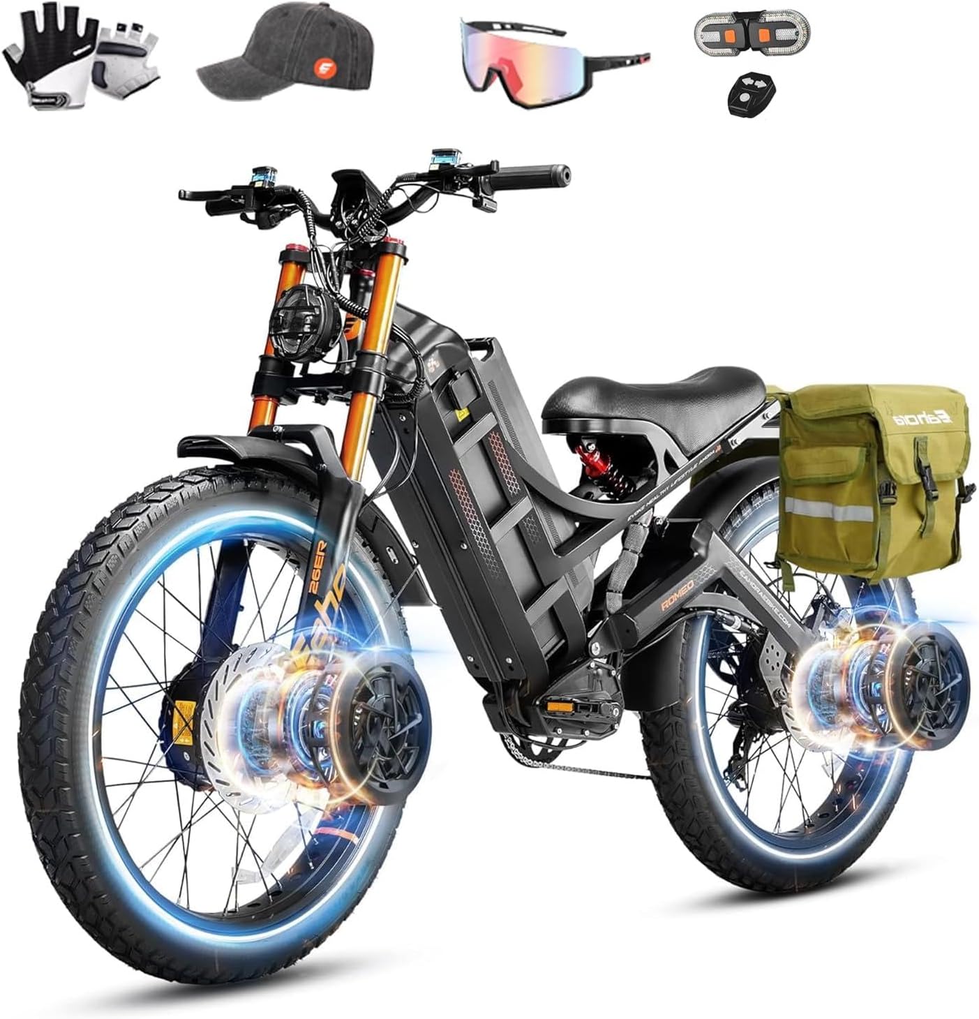 eAhora 2026 Romeo Pro 3 5600W 50Mph High-Torque Ebike, 60V 80Ah 250-Mile Long Range Electric Bike for Adults, Adjustable Air Suspension, 26'' Puncture-Proof Tire, UL 2849 Certified by TÜV