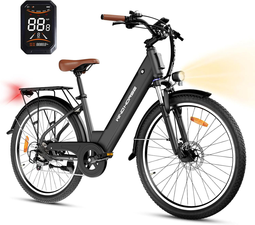 WINDHORSE 26' Electric Bike for Adults 20MPH & 30-50 Miles Range, Shimano 7-Speed, 468WH Removable Battery Commuter Ebike with 750W Peak Motor, Front Suspension, Rear Rack, Fenders, UL2849 Certified