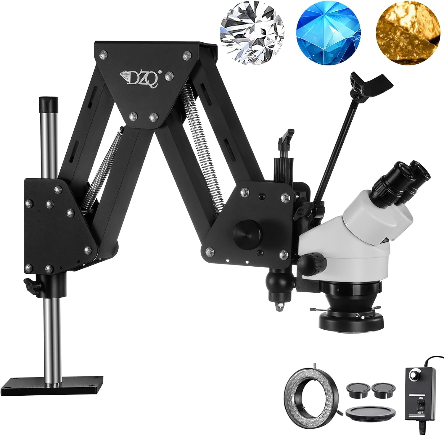 DZQ Jewelry Microscope, 7X-45X Magnification with Multi-Directional Spring Stand, 0.5X Barlow Lens, 60 Ring Light Illuminator & Dimmer Switch, Jewelers Microscope for Jewelry Engraving Setting Making