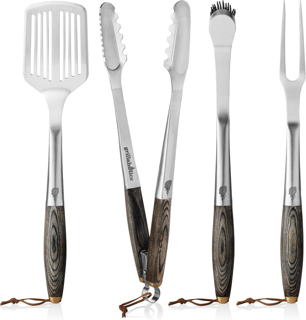 Grillaholics Premium BBQ Grill Tools – The Ultimate Grilling Gift for Dad - Luxury 4-Piece Barbecue Utensils Grill Set with Wooden Gift Box