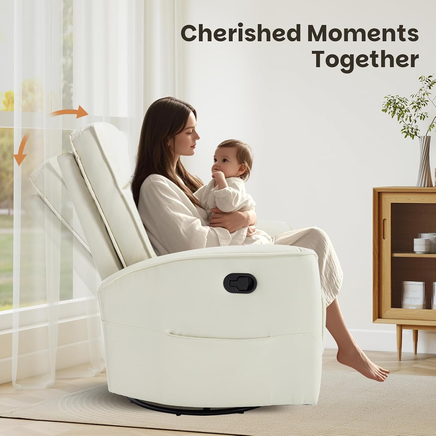 CANMOV Rocker Recliner Chair,360°Swivel Nursery Glider Recliner,Manual Recliner Sofa with Padded Armrest and Backrest,Leather Recliner for Small Spaces,Living Room,Bedroom (White)