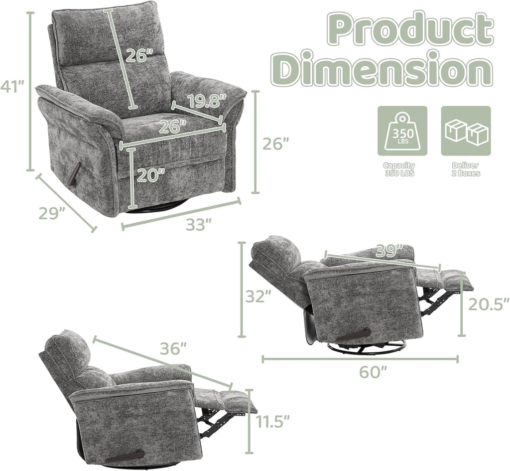 Oversized Swivel Rocker Recliner with Adjustable Headrest, Rocking Chair Nursery with Overstuffed Armrest, Manual Rocker Recliner Nursery Chair for Living Room, Dark Grey