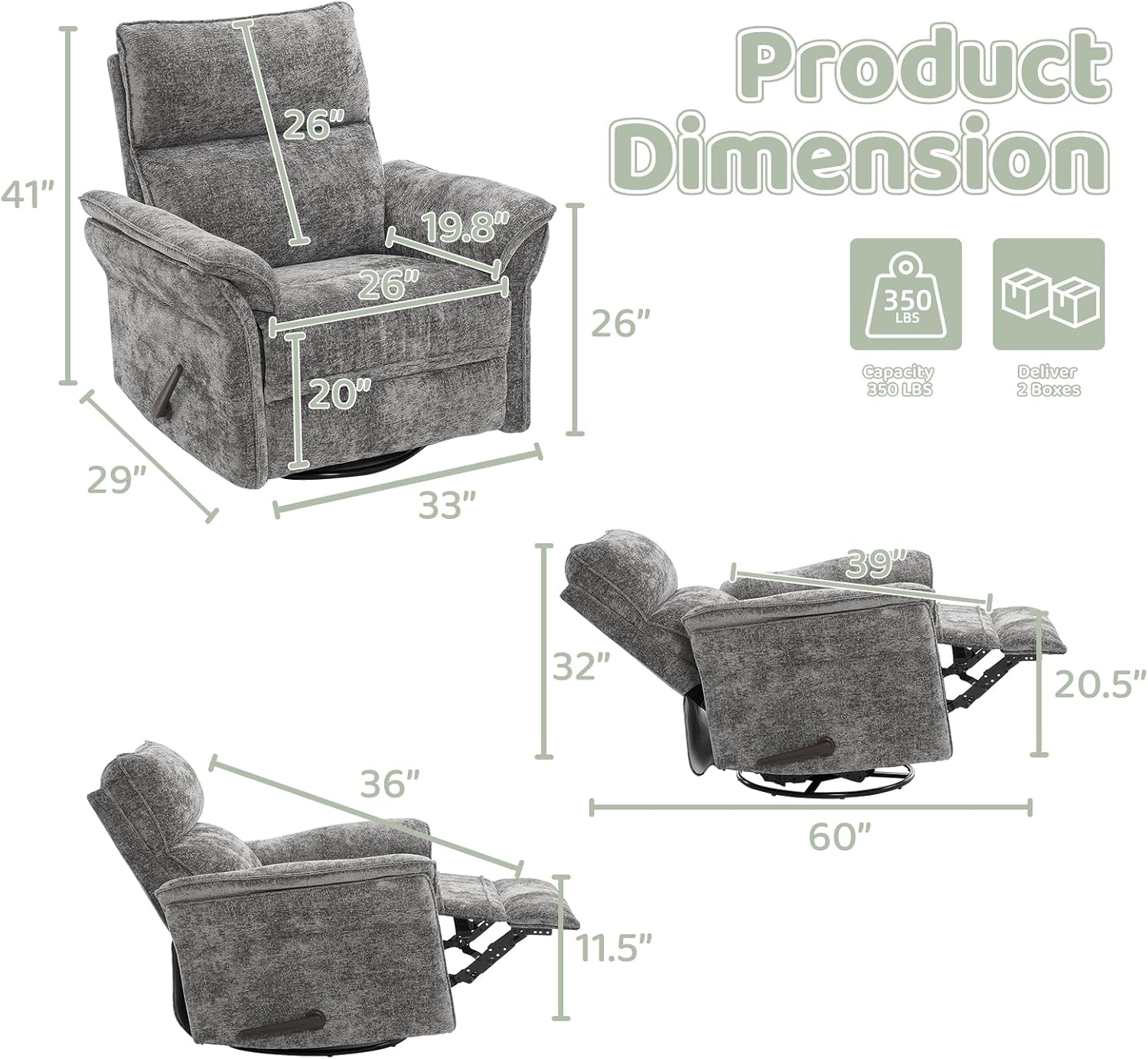Oversized Swivel Rocker Recliner with Adjustable Headrest, Rocking Chair Nursery with Overstuffed Armrest, Manual Rocker Recliner Nursery Chair for Living Room, Dark Grey