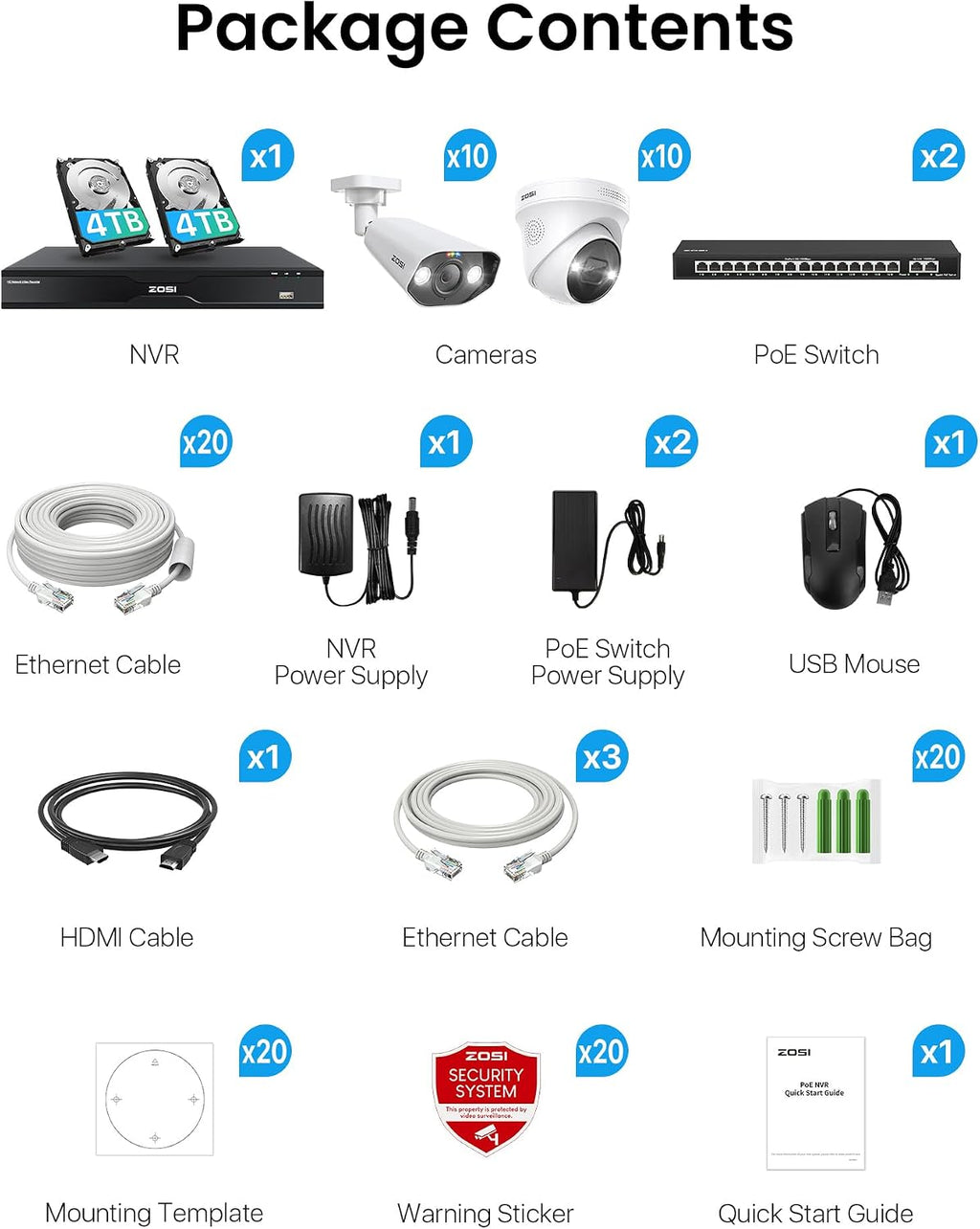 ZOSI 32CH 4K PoE Security Camera System, Face Person Vehicle Detection, 2 Way Audio, Spotlight Siren, 20pcs 8MP Outdoor Indoor IP Cameras, 32 Channel 4K NVR with 8TB HDD for 24/7 Recording