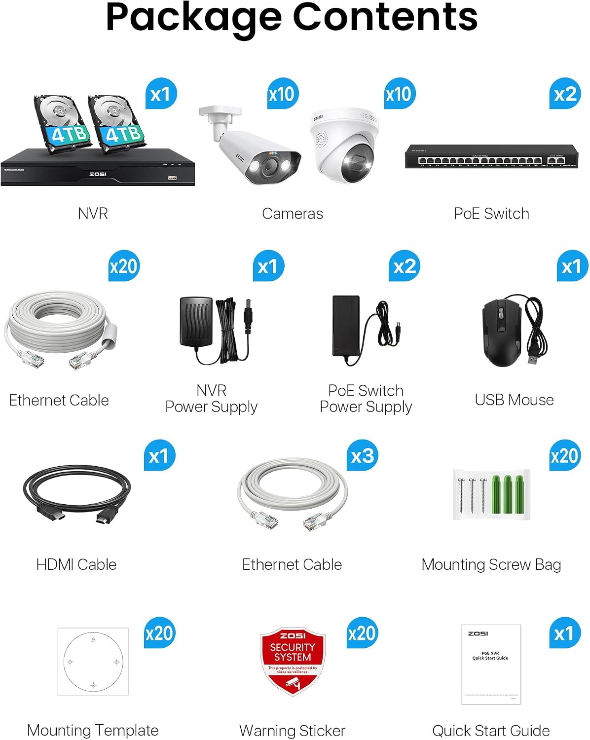 ZOSI 32CH 4K PoE Security Camera System, Face Person Vehicle Detection, 2 Way Audio, Spotlight Siren, 20pcs 8MP Outdoor Indoor IP Cameras, 32 Channel 4K NVR with 8TB HDD for 24/7 Recording