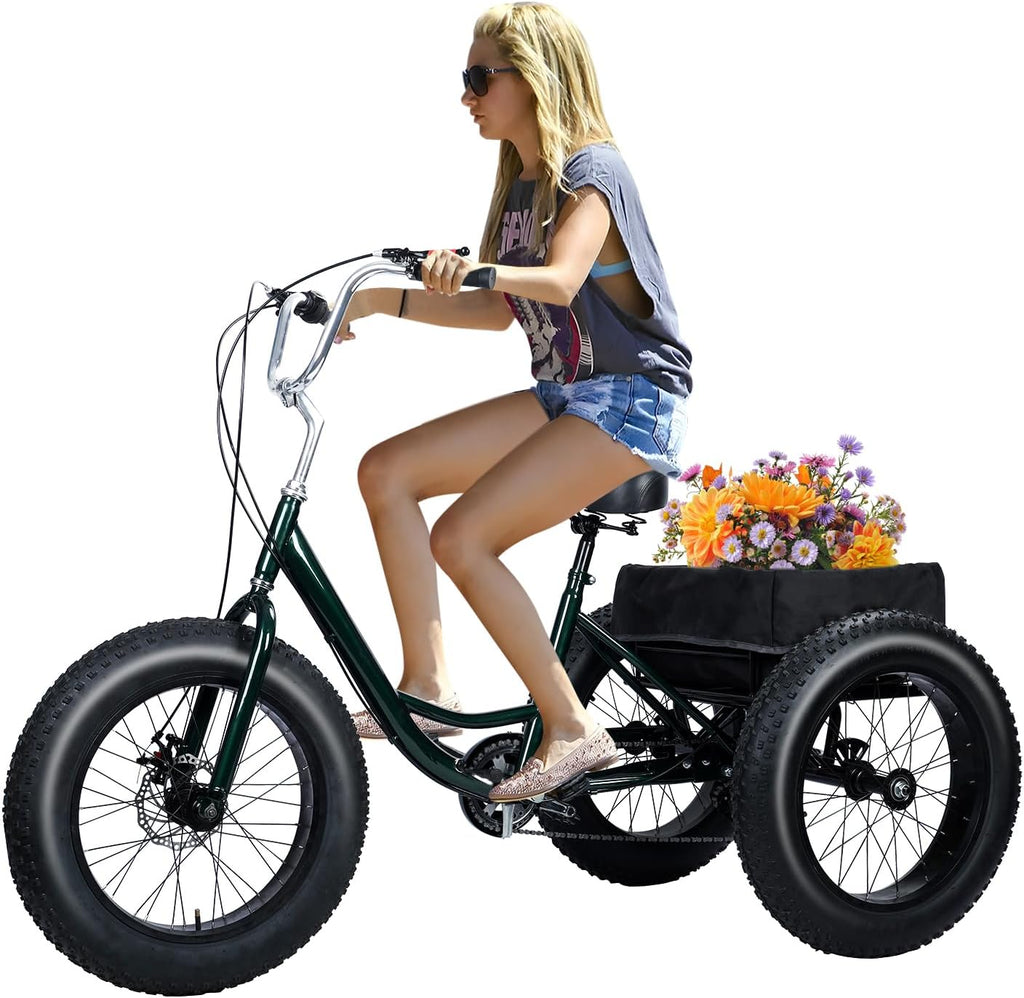 Tricycle for Adults, 20 Inch Fat Tire Trike for Adults, 7 Speed, Load Capacity 450lbs, 20' x 4' Tires 3 Wheel Bikes for Adult Tricycle Bike Cruiser, with Double Disc Brake, Shopping Basket