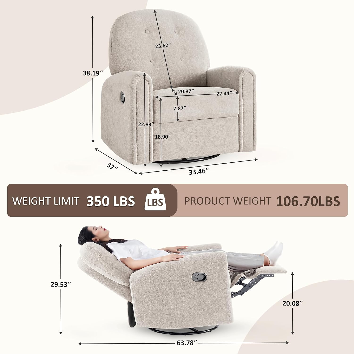 VANOMi 360 Swivel Rocker Recliner Chair, Nursery Rocking Chair with Tufted Backrest, Manual Recliner Chairs for Small Spaces, Upholstered Glider Nursing Chair for Living Room, Bedroom (Camel)