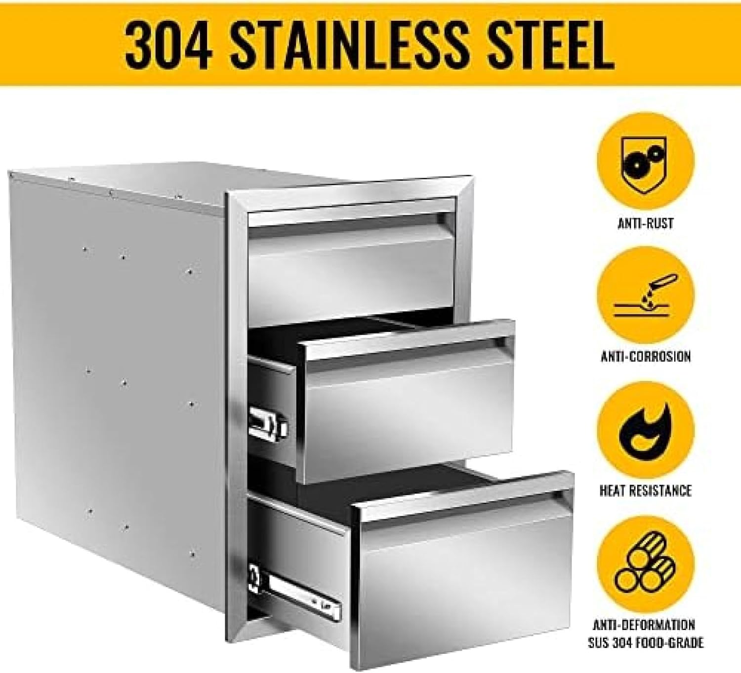 Outdoor Kitchen Drawer Stainless Steel BBQ Triple Drawer Flush Mount for Outdoor Kitchen Island,-14W X 21H X 23D Inch