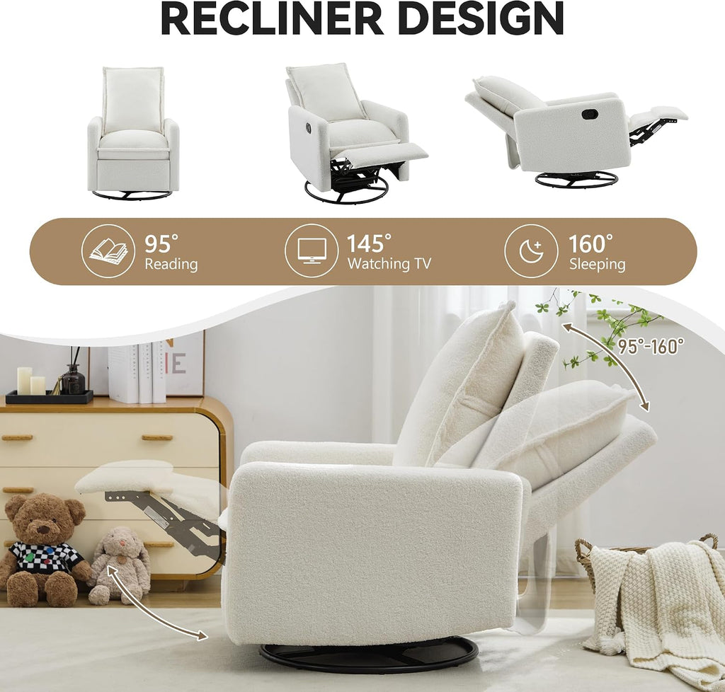 JIVOIT Modern Swivel Rocker Recliner Chair, Linen Fabric Glider Rocker Recliner, Rocking Chair Nursery with Backrest and Footrest, Single Reclining Sofa for Living Room Bedroom Apartment (White/68)