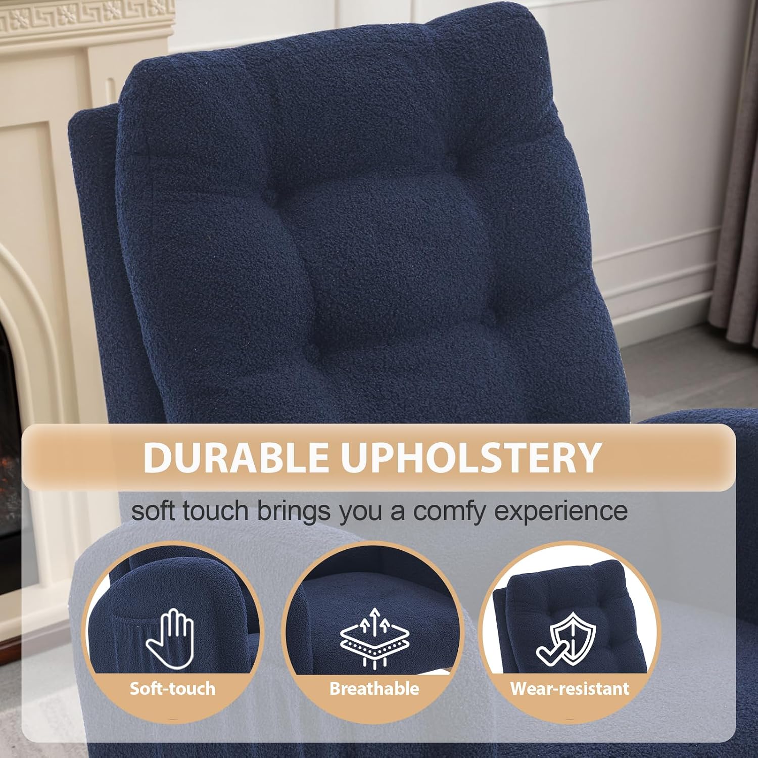 cinkehome Nursery Rocking Chair with Retractable Foot Rest, Teddy Glider Rocking Chair, Mid Century Rocker Chair, High Back, Solid Wood Legs