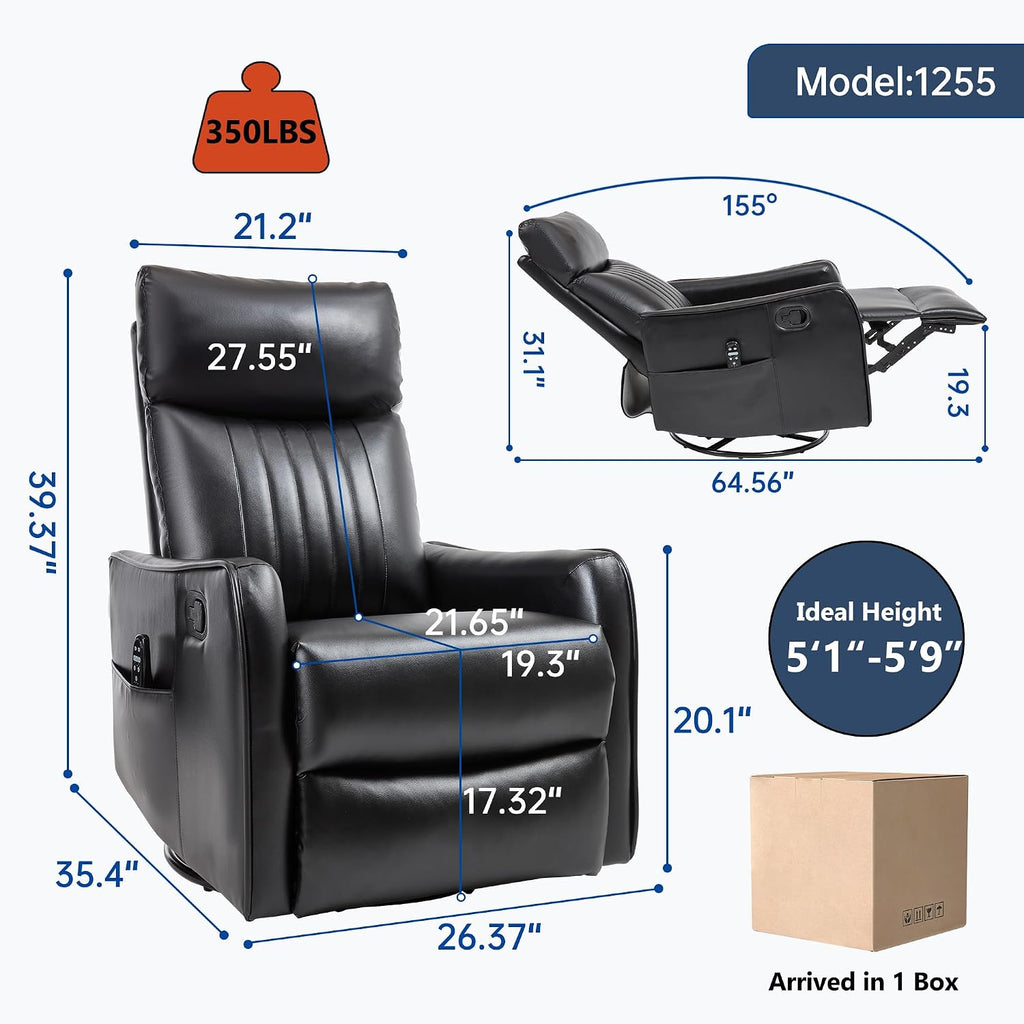 PELUMY 360 Swivel Rocking Recliner Chair for Adults, Nursery Rocking Chair with Heat and Massage, Glider Reclining Chair for Small Space, Living Room, Bedroom, Black, Multiple Line Backrest, Fabric
