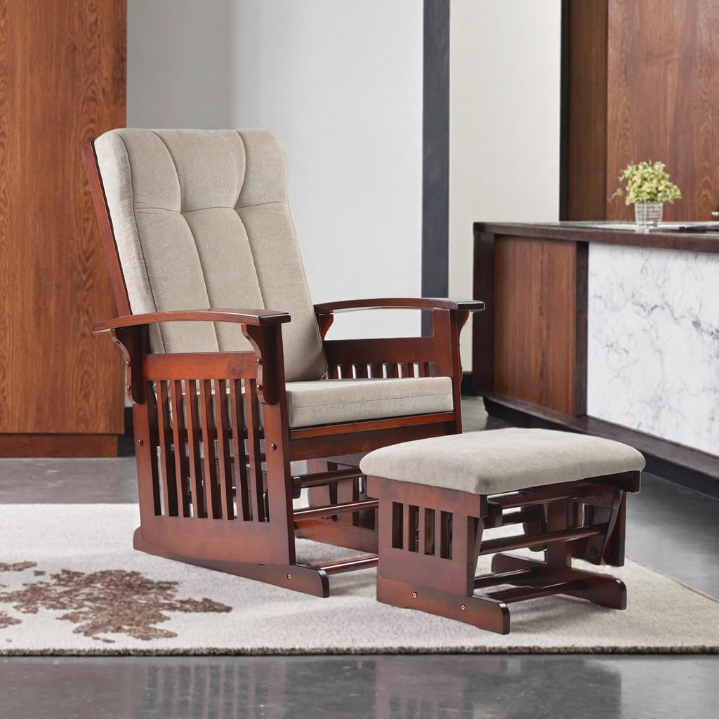 Glider Rocking Chair Nursery with Ottoman Smooth Rocking Motion, Easy to Assemble, Solid Hardwood Base Indoor Adult(Cream White)