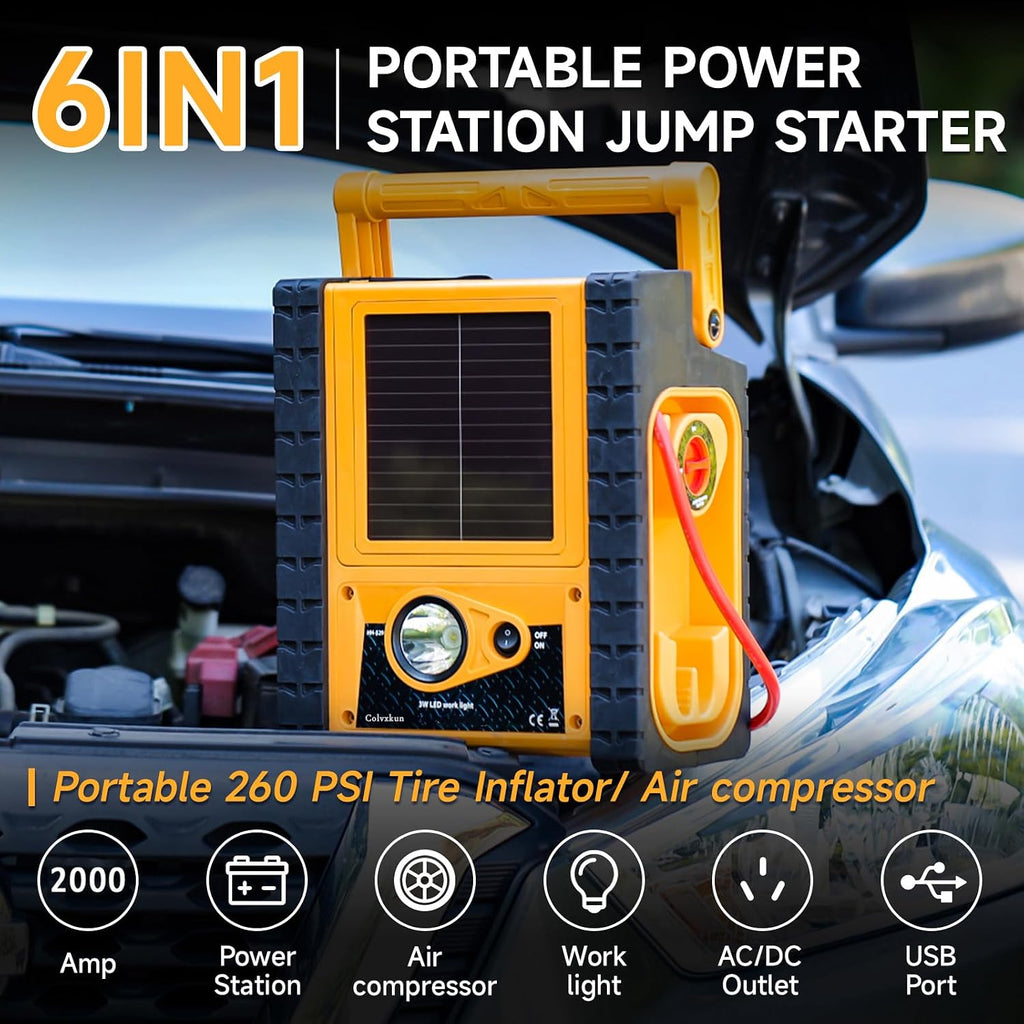 2000A Peak Car Battery Jump Starter with Air Compressor, All in One Heavy Duty 12V Battery Jump Box (All Gas 8.5L Diesel), Portable Power Station with 400W Inverter, AC/DC/USB Ports and LED Lights