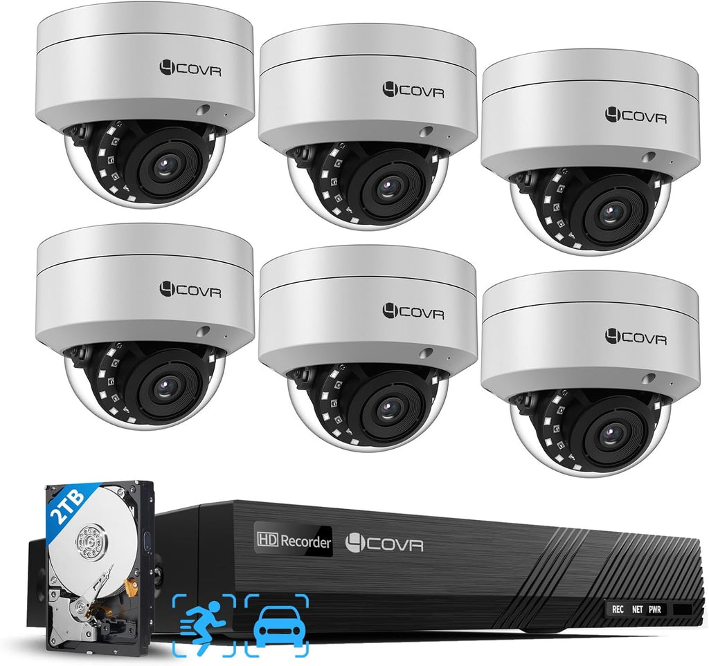 4COVR 8 Channel Security Camera System, 6X 5MP IK10 Vandal-Proof Wired Commercial Dome PoE IP Camera IP67, AI Human Vehicle Detection, 8CH 4K NVR 2TB HDD, 24/7 Home Surveillance Outdoor, LY54AX5M0806