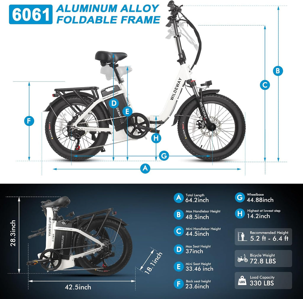 Wildeway Folding Electric Bike for Adults with 32Ah Battery Long Range 750W Motor 28MPH, 20'x 3.0'Fat Tire Foldable EBike, Urban City Commuter Men Women Bicycle 7 Speed Gear