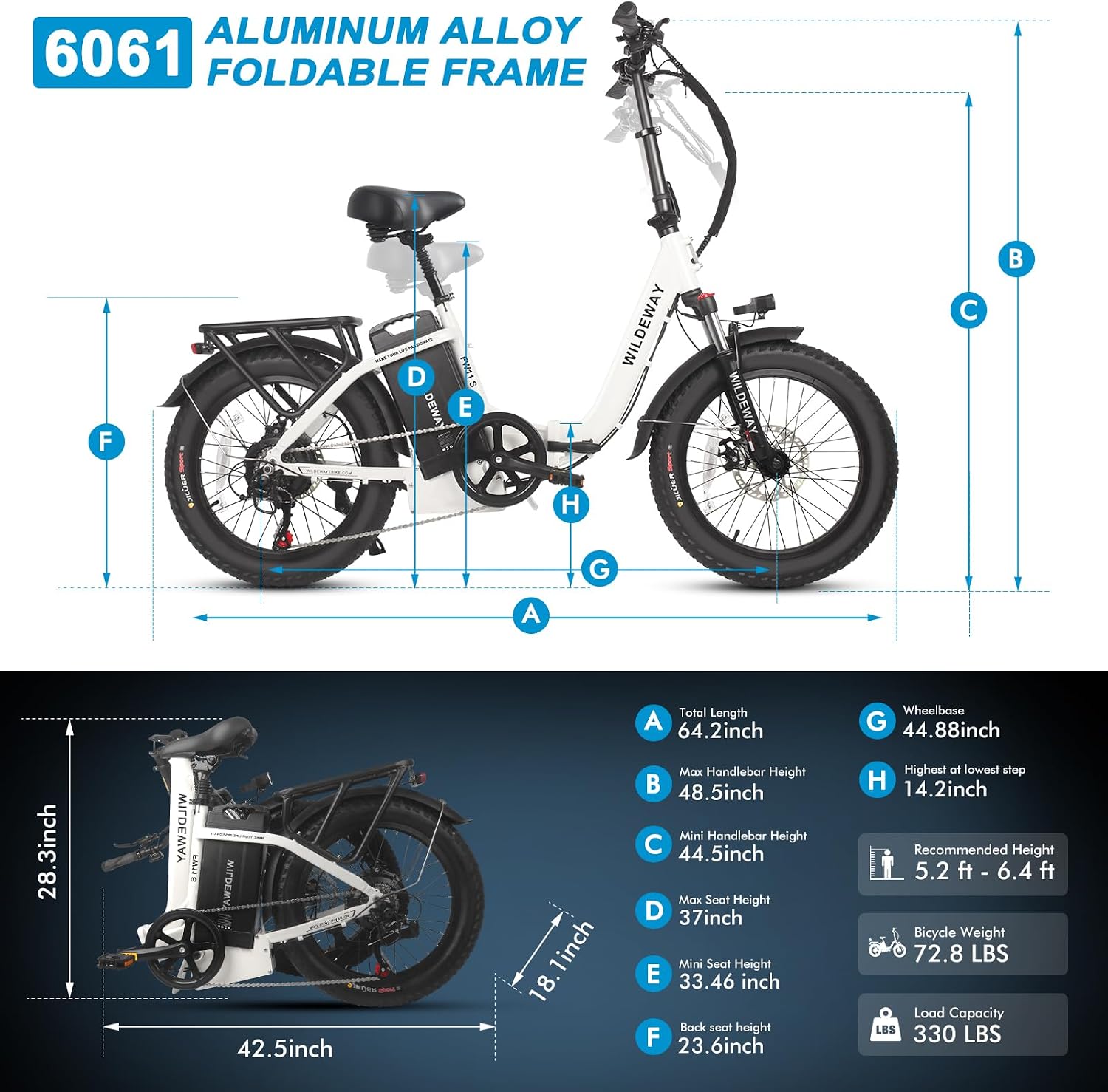 Wildeway Folding Electric Bike for Adults with 32Ah Battery Long Range 750W Motor 28MPH, 20'x 3.0'Fat Tire Foldable EBike, Urban City Commuter Men Women Bicycle 7 Speed Gear