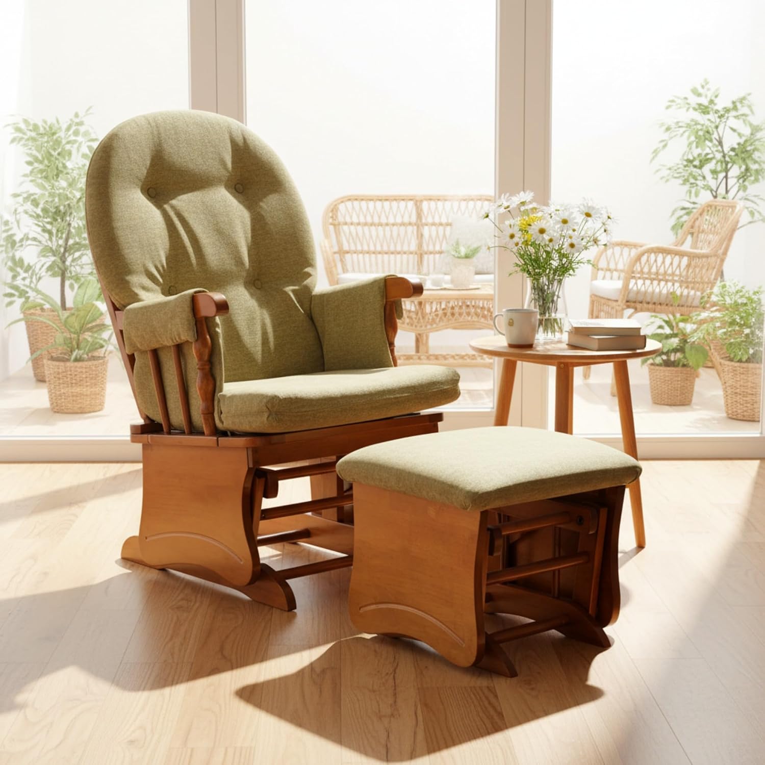 Glider Rocking Chair with Ottoman Set, Solid Wood Nursery Glider Rocker with Padded Cushion, High Back Upholstered Swivel Glider for Living Room, Nursing, Reading, 280LBS Weight Capacity,Oak+Khaki