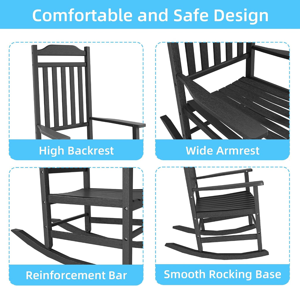 EasyUp Patio Rocking Chair Outdoor,Set of 2,Weather Resistant Poly Resin Oversized Porch Rocker,High Back Smooth Design,Indoor Outdoor Use