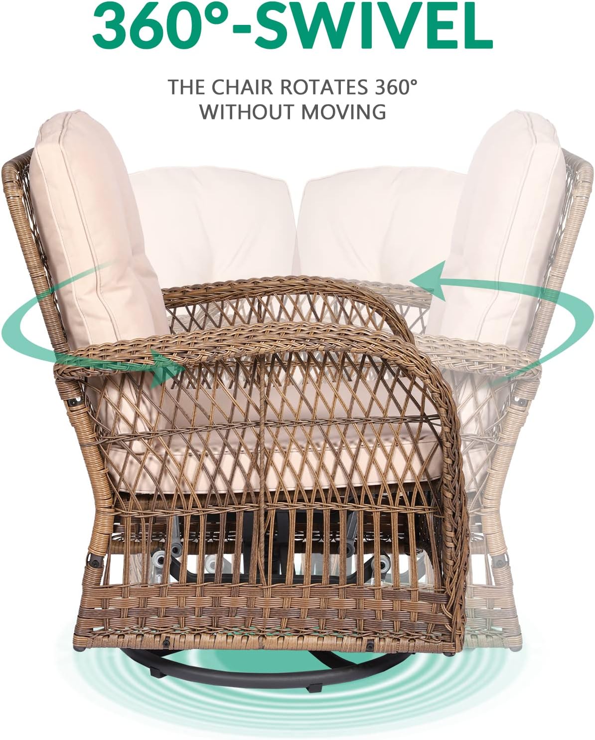 VIVIJASON 3-Piece Outdoor Conversation Bistro Set, Patio Swivel Glider Rocking Chairs Rattan Furniture Sets w/ 2 Rattan Chairs, Cushions, Glass Top Side Table for Porch Backyard, Light Brown
