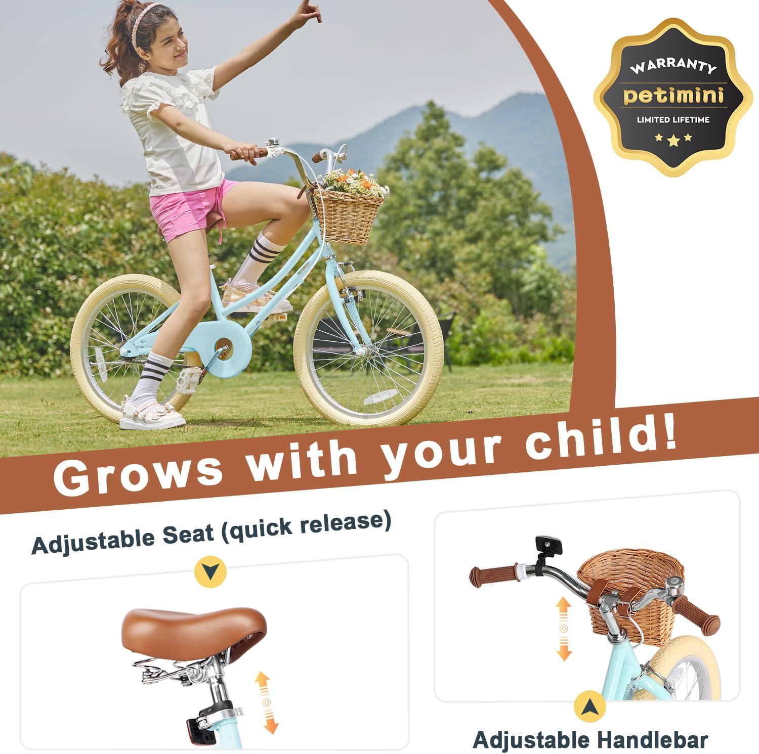 Petimini Vintage Kids Bike for Girls, 12–20 Inch Classic Bicycle with Wicker Basket & Bell, High Tensile Steel Frame, Training Wheels (12–18'), 85% Pre-Assembled, Retro Bike for Outdoor Riding