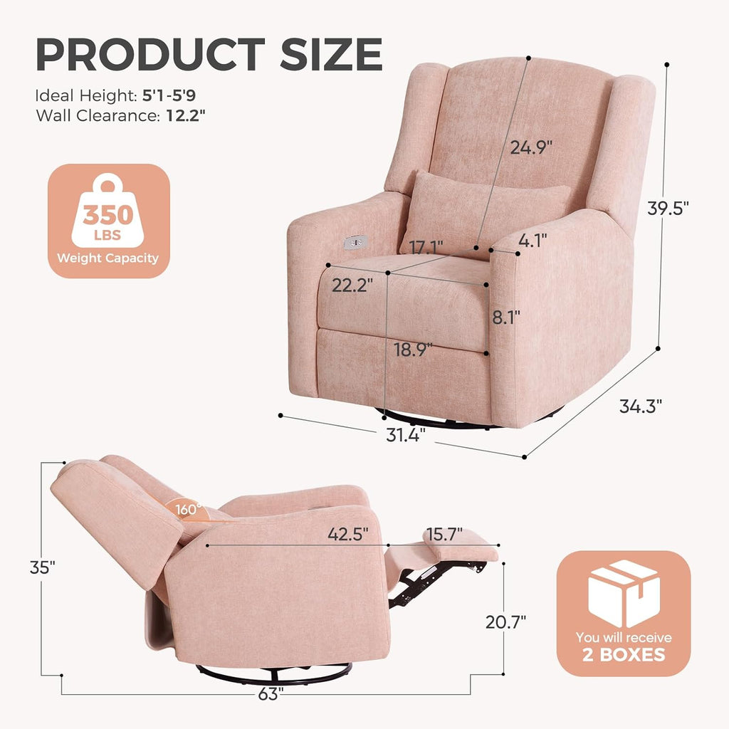 Power Glider Recliner Nursery Chair w/USB Ports, Soft Chenille Glider Rocking Chair for Nursery, Swivel Glider Chair with Lumbar Pillow for Living Room, Pink