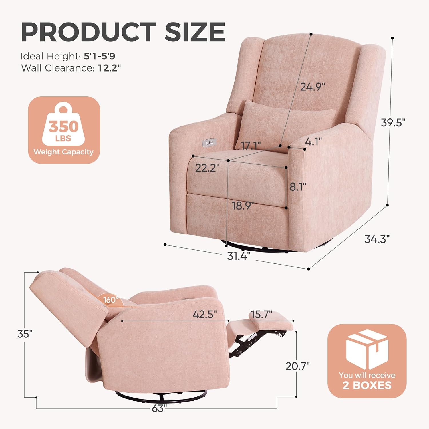 Power Glider Recliner Nursery Chair w/USB Ports, Soft Chenille Glider Rocking Chair for Nursery, Swivel Glider Chair with Lumbar Pillow for Living Room, Pink