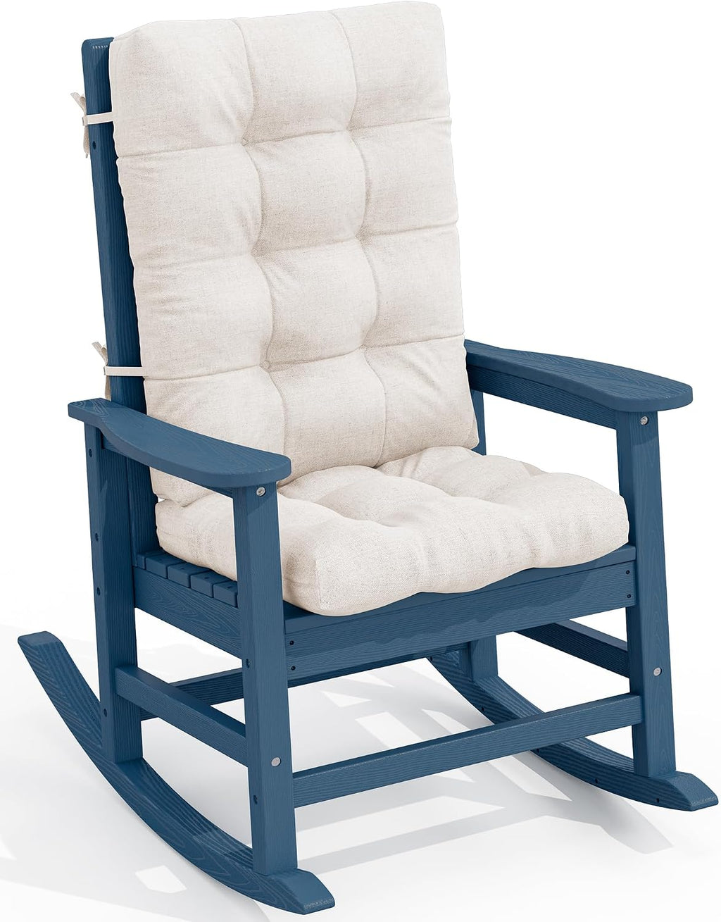 SERWALL SEWALL Oversized Outdoor Rocking Chair with Cushion, Patio Rocking Chairs for Porch, Blue HDPE Rocker+Beige Cushion