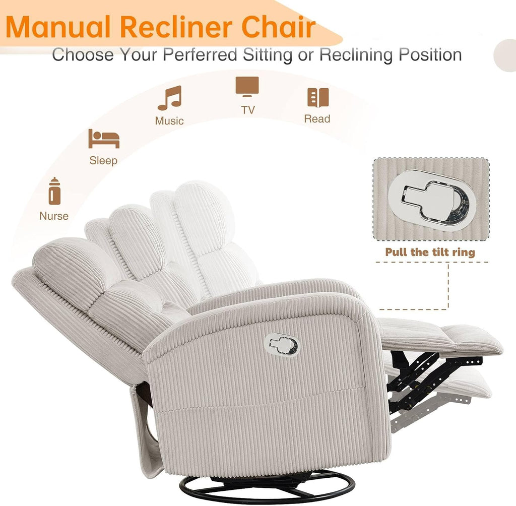 Swivel Rocker Recliner Glider Rocking Chair for Nursery, Corduroy Recliner with Chunky Cushion, Manual Swivel Recliner Chair for Living Room, Bedroom, Nursery(Camel)
