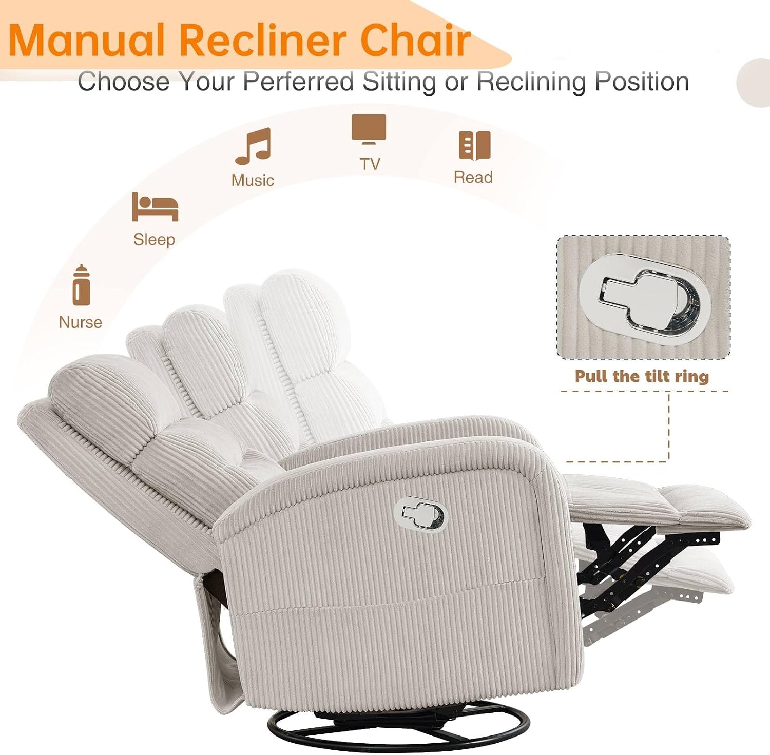Swivel Rocker Recliner Glider Rocking Chair for Nursery, Corduroy Recliner with Chunky Cushion, Manual Swivel Recliner Chair for Living Room, Bedroom, Nursery(Camel)