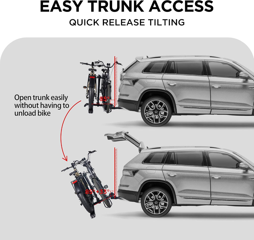 Young Electric Hitch Mount 2 EBike Rack, 200 lbs Capacity Electric Bike Carrier Foldable Platform Mount, Up to 5-inch Fat Tire Bicycle for 2'' Receiver Cars Trucks SUVs Minivans RV, Trailer