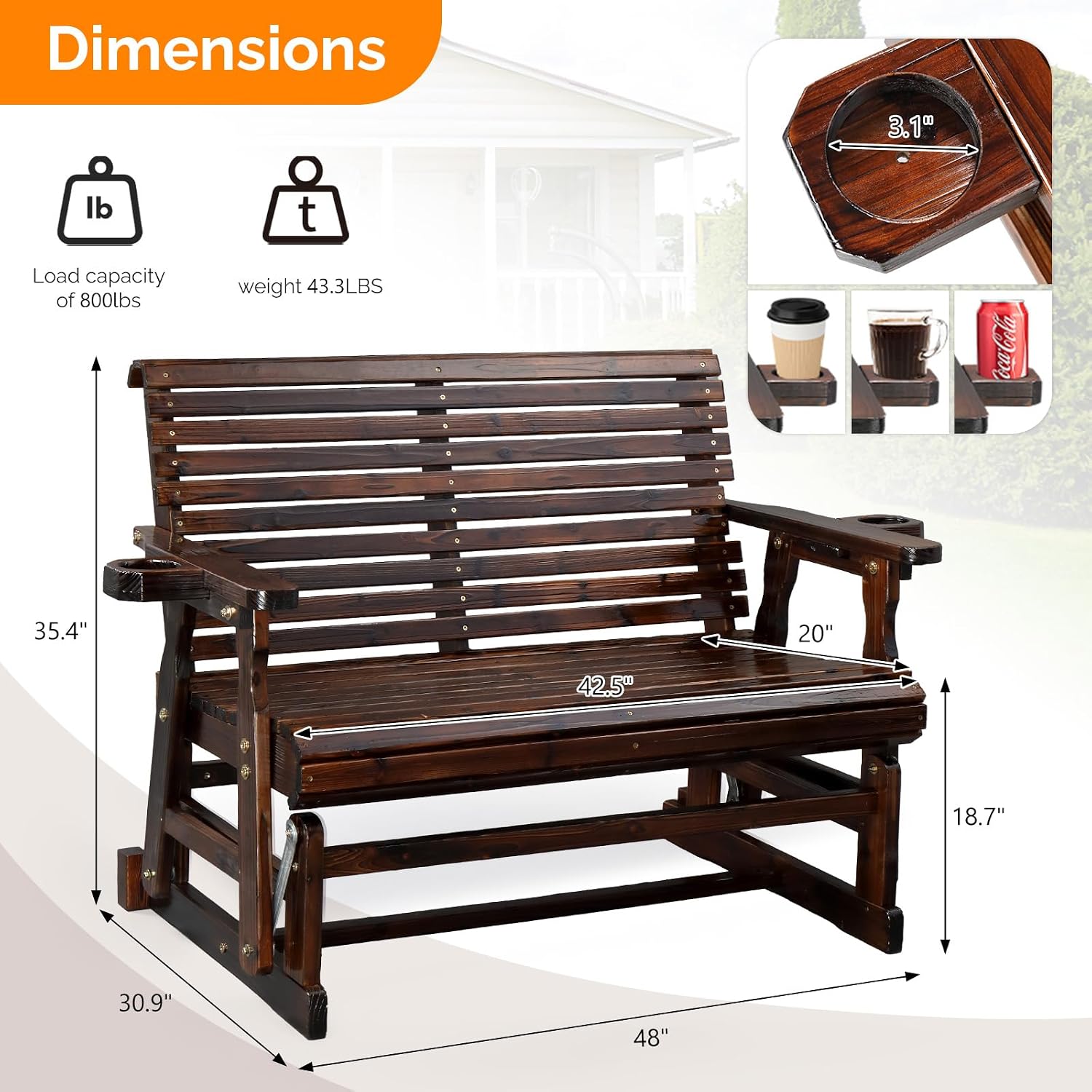 VINGLI Wooden Patio Glider, Heavy Duty 800 LBS Outdoor Glider with Cup Holders, 4 FT Wooden Glider Bench with High Backrest for Garden, Yard, Patio, Rustic