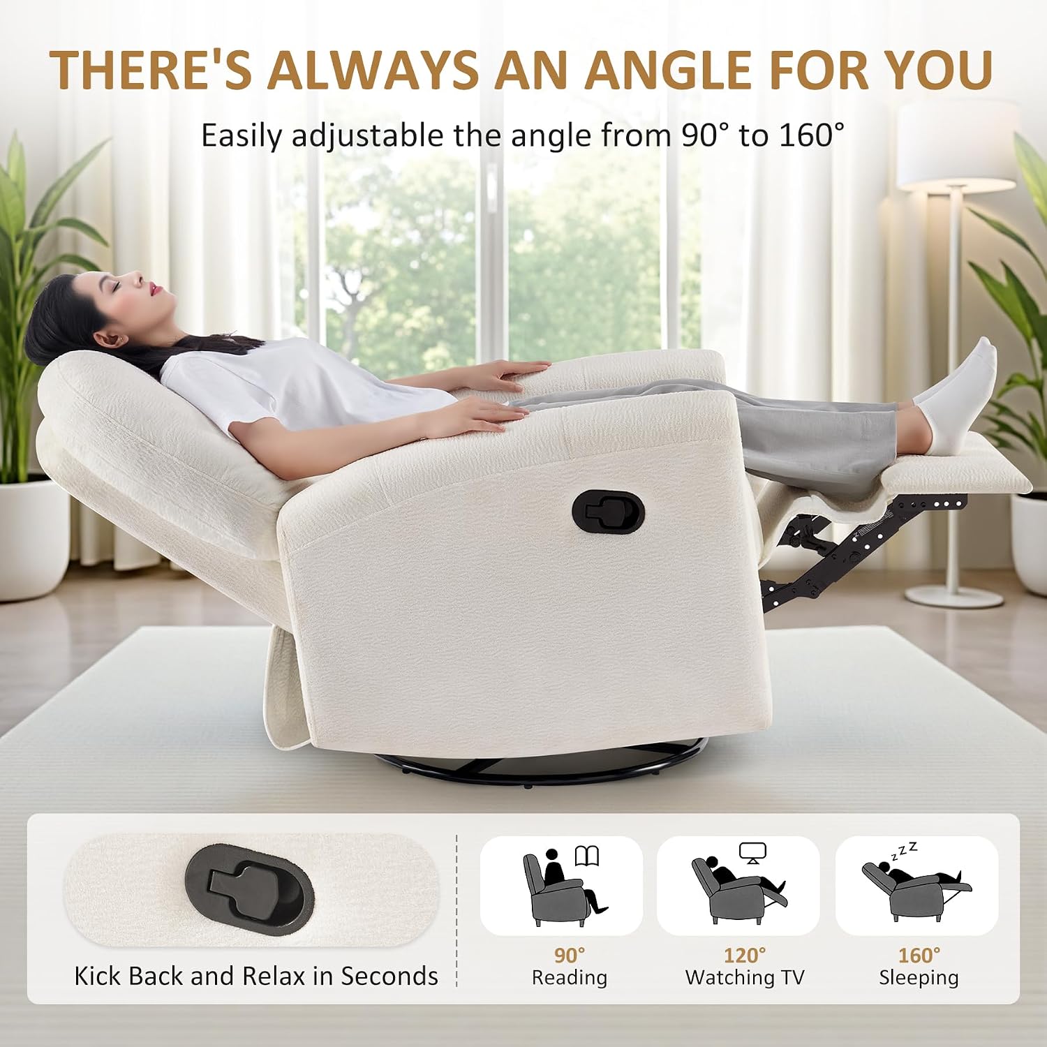 VANOMi 360 Swivel Rocker Recliner Chair, Nursery Rocking Chair with Tufted Backrest, Manual Recliner Chairs for Small Spaces, Upholstered Glider Nursing Chair for Living Room, Bedroom (White)