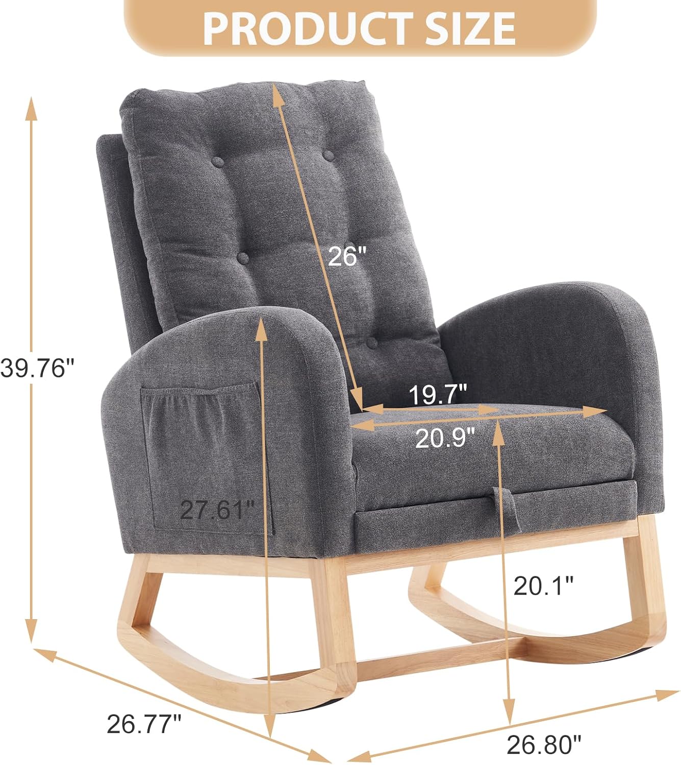 cinkehome Nursery Rocking Chair with Retractable Foot Rest, Glider Rocking Chair with Solid Wood Legs, High Back, Button Decors, Mid Century Rocker Chair, Grey