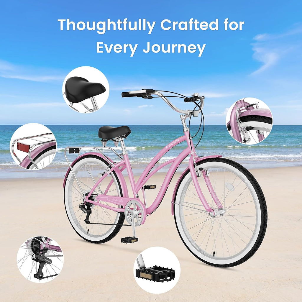 Cruiser Bike for Adults, 7-Speed Beach Cruiser Bicycle, 24/26 Inch Step-Through or High-Bar Frame, Comfort City Commuter Bike with Rear Rack, Fenders, Wide Saddle for Women & Men