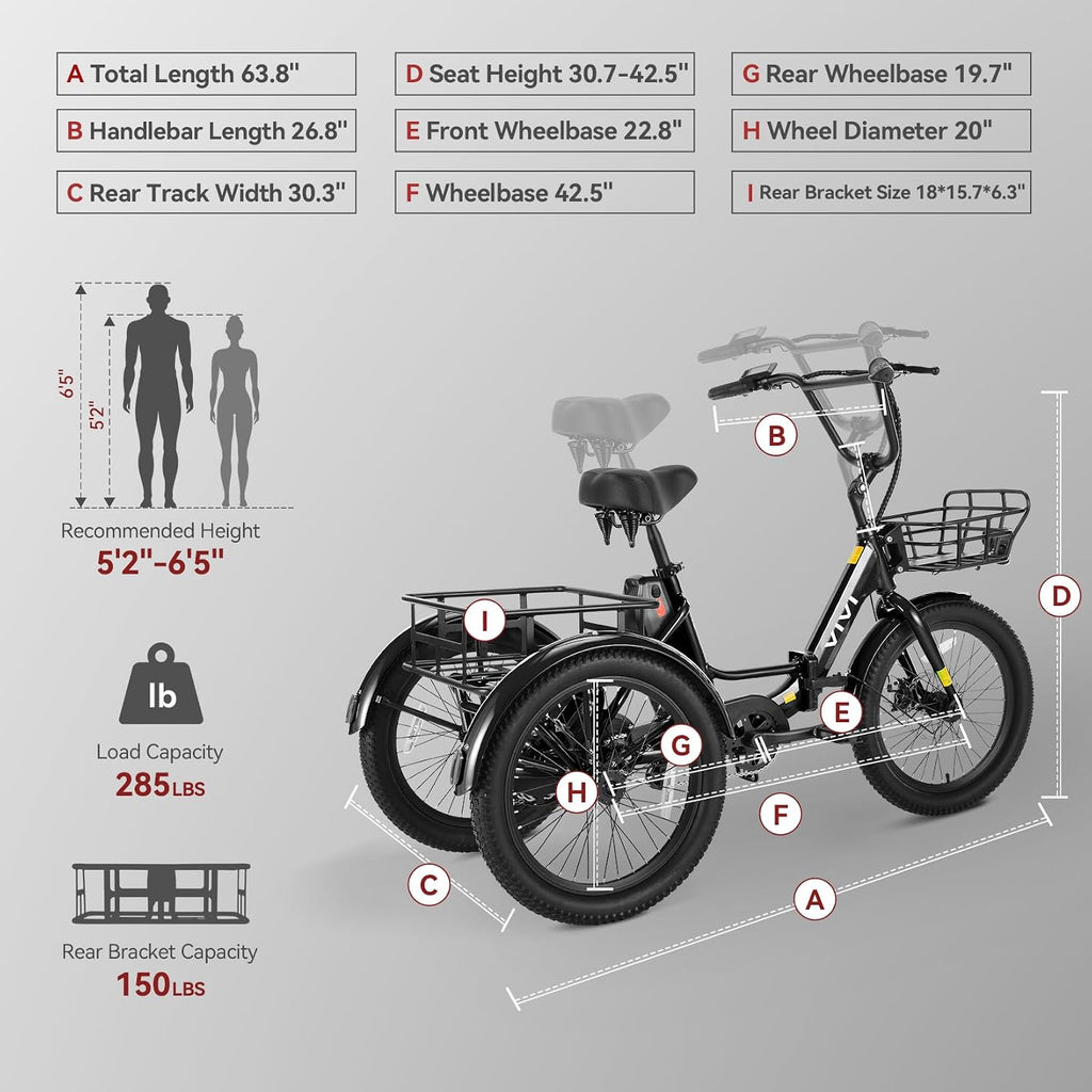 Vivi 750W Peak 20'' Folding 3 Wheels Electric Bicycle Bikes, 48V 10.4Ah Removable Battery Electric Tricycle for Adults, Speed Differential, 15.5MPH Eletric Trike with Bracket
