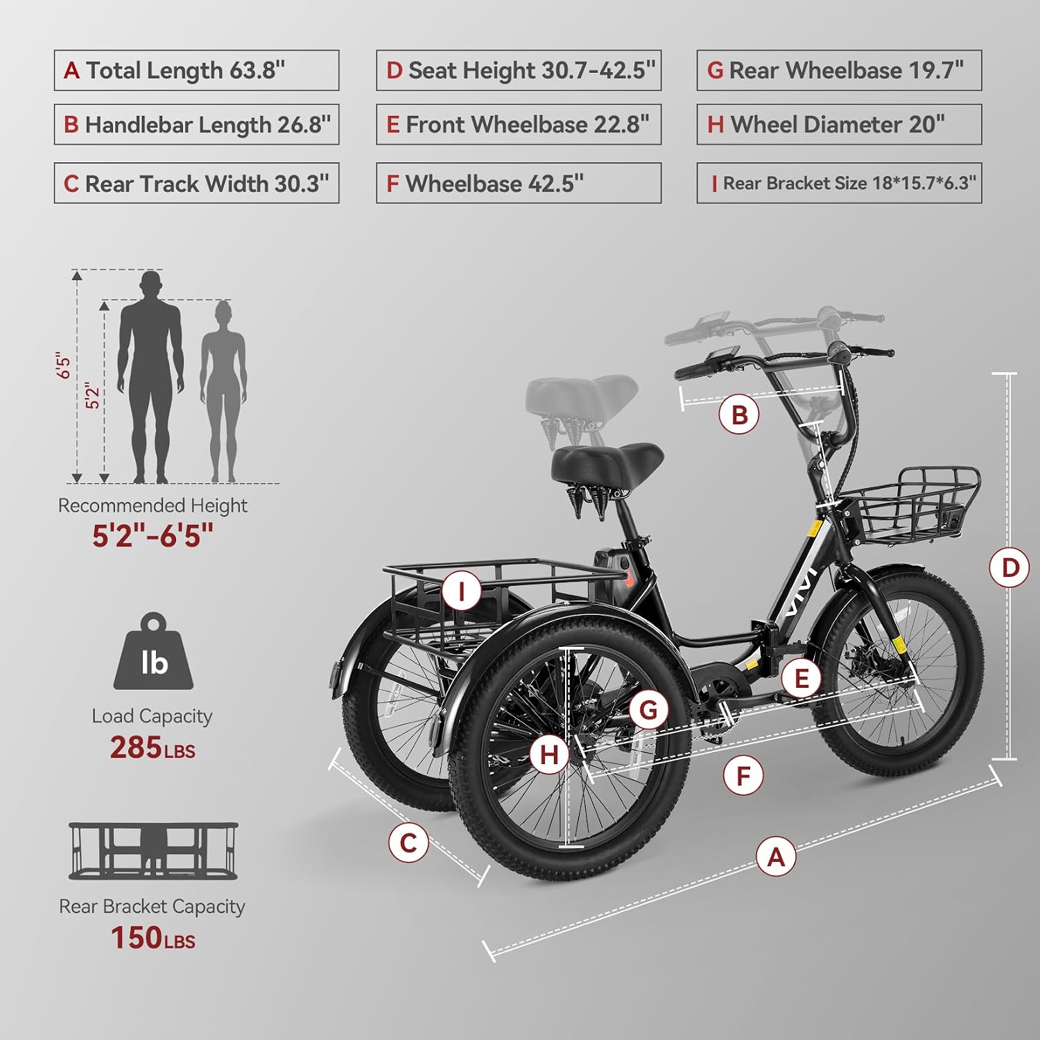 Vivi 750W Peak 20'' Folding 3 Wheels Electric Bicycle Bikes, 48V 10.4Ah Removable Battery Electric Tricycle for Adults, Speed Differential, 15.5MPH Eletric Trike with Bracket
