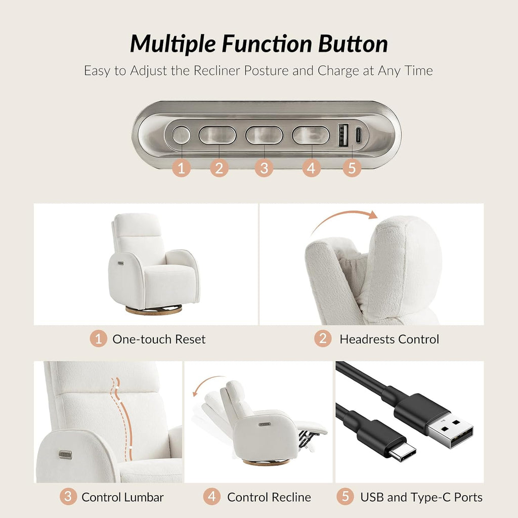 HULALA HOME Glider Recliner Nursery Chair with Adjustable Headrest and Lumbar Support, Modern Power Recliner with USB Port and Nightlight, Swivel Rocker Glider for Nursing Room Bedroom, White