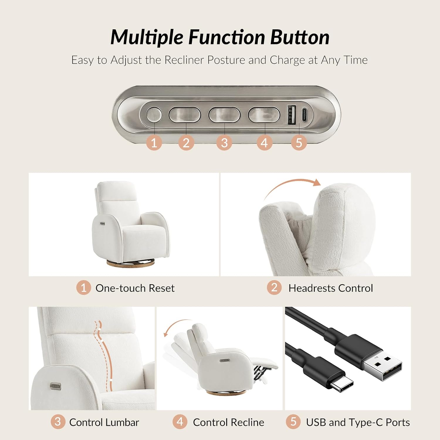 HULALA HOME Glider Recliner Nursery Chair with Adjustable Headrest and Lumbar Support, Modern Power Recliner with USB Port and Nightlight, Swivel Rocker Glider for Nursing Room Bedroom, White