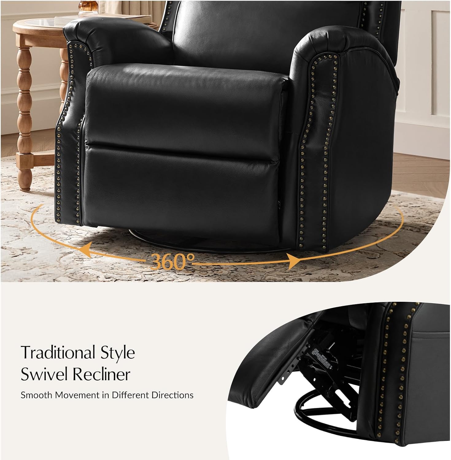 HULALA HOME Genuine Leather Recliner Chair, Swivel Rocker Chair with Thick Seat, Classic Push Back Armchair with Backrest, Nailhead Trim Set of 2, Black