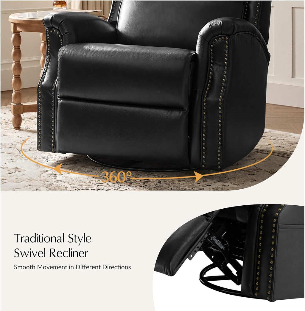 HULALA HOME Genuine Leather Recliner Chair, Swivel Rocker Chair with Thick Seat, Classic Push Back Armchair with Backrest, Nailhead Trim, Black