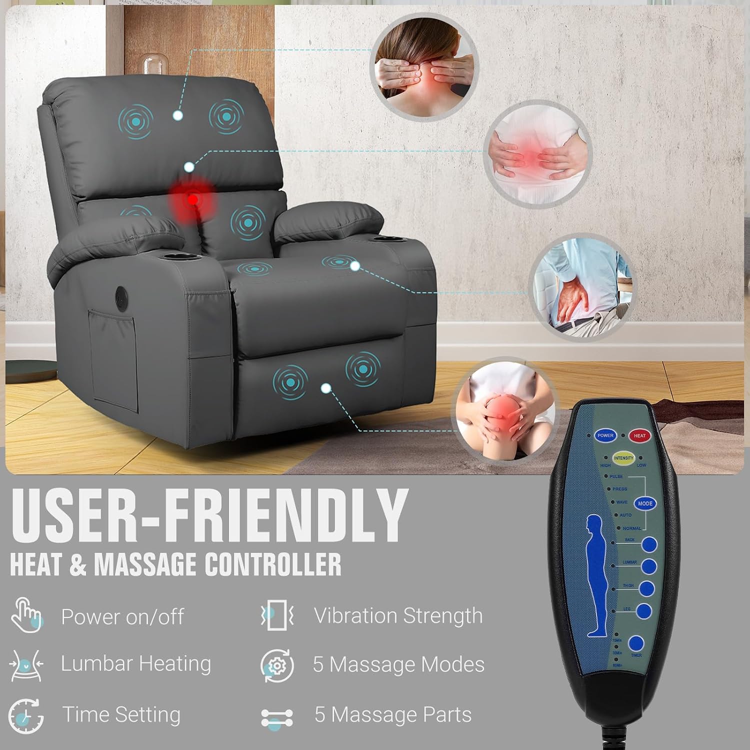 LEVELEVE Rocking Recliner Chair, Massage Rocker Recliner Chair with Vibration Massage and Heat, USB and Type-C Ports,360° Swivel Faux Leather Chairs, Living Room, Bedroom, Nursery, RV, Dark Grey