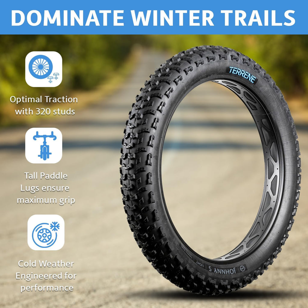 Johnny 5 Fat Bike Tire for Bicycle by Terrene - 26 Inch Bike Tires for Winter Landscapes - 120 TPI Bike Wheel with Aramid Bead for Fat Tire Bike - Bicycle Accessories for Adult Bikes