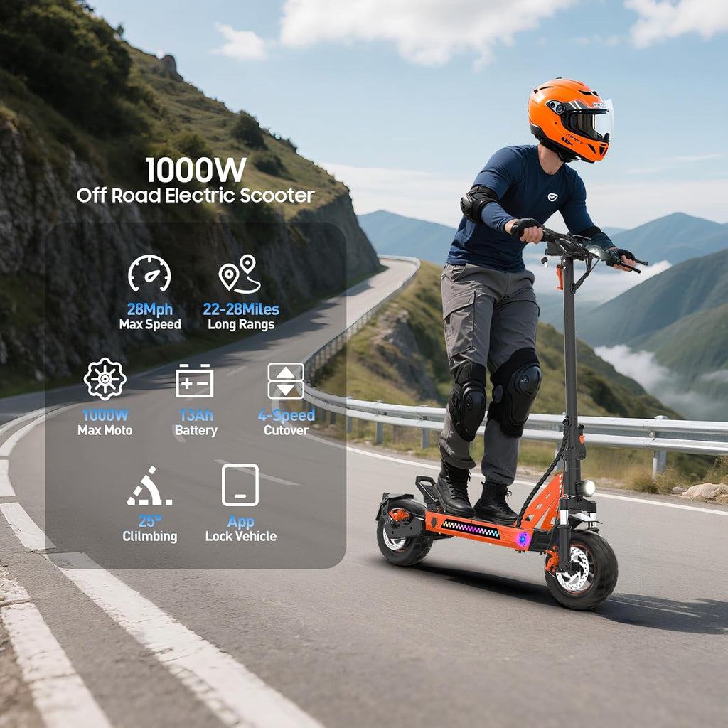 Electric Scooter aldults, 10' Tires, 1000W Brushless Motor, Top Speed 28 MPH, 28 Miles Max Range, Smart APP, Max 330lbs Load, 4.9in Display, Folding E Scooter（Upgraded Shock Absorption）