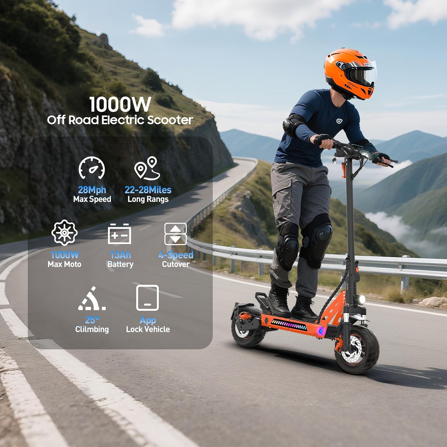 Electric Scooter aldults, 10' Tires, 1000W Brushless Motor, Top Speed 28 MPH, 28 Miles Max Range, Smart APP, Max 330lbs Load, 4.9in Display, Folding E Scooter（Upgraded Shock Absorption）