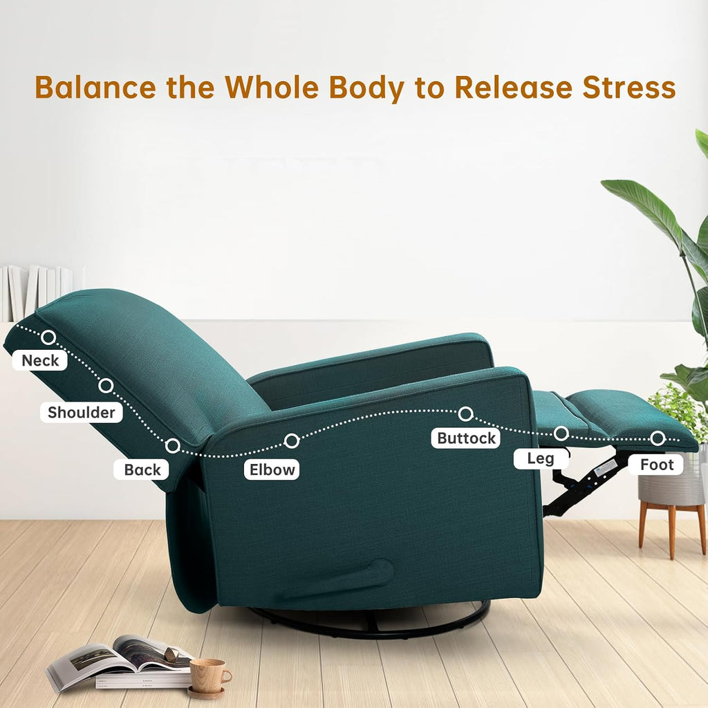 Swivel Rocker Recliner Chair for Adults, High Back Fabric Recliner with Deep Seat, Manual Glider for Living Room & Nursery, Green