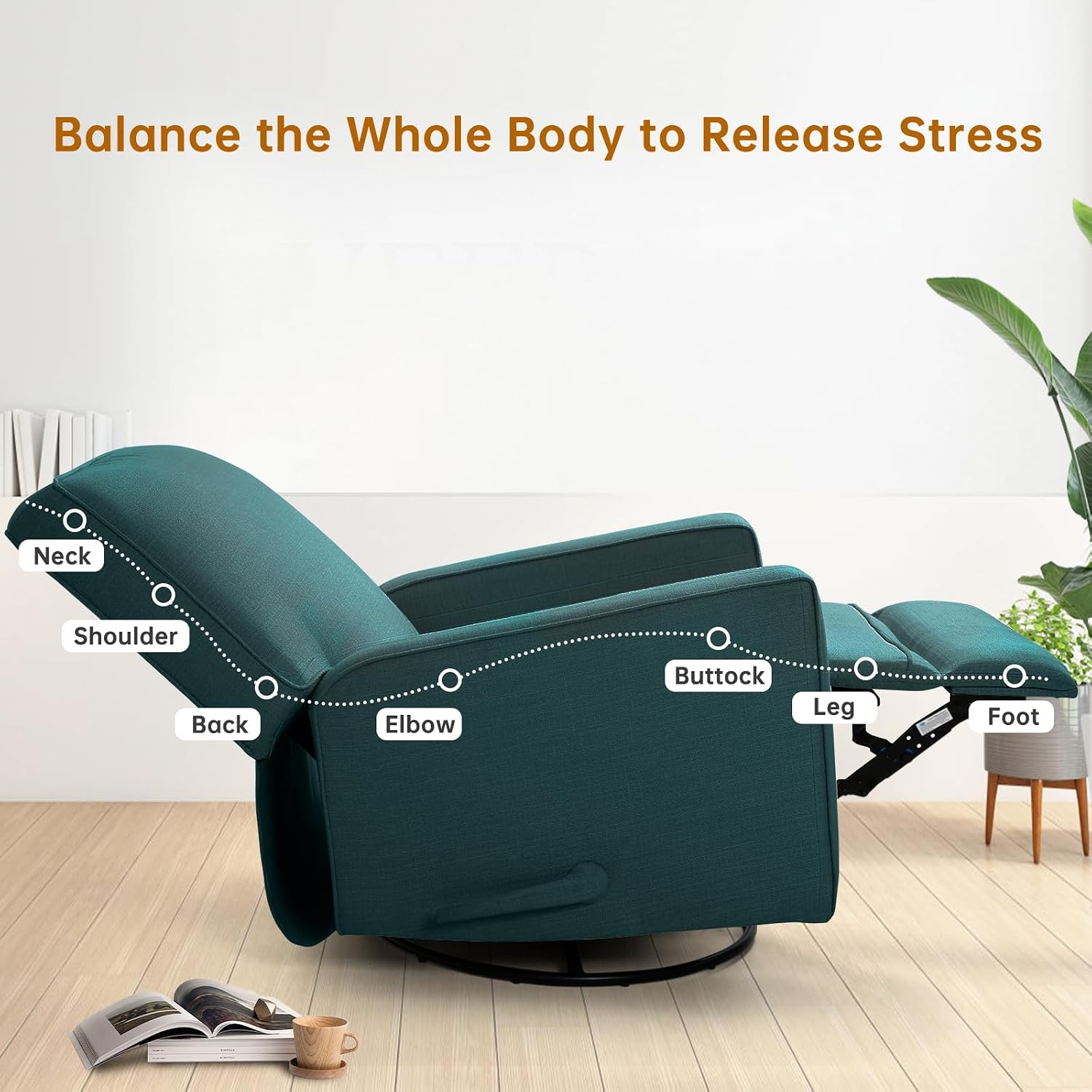 Swivel Rocker Recliner Chair for Adults, High Back Fabric Recliner with Deep Seat, Manual Glider for Living Room & Nursery, Green
