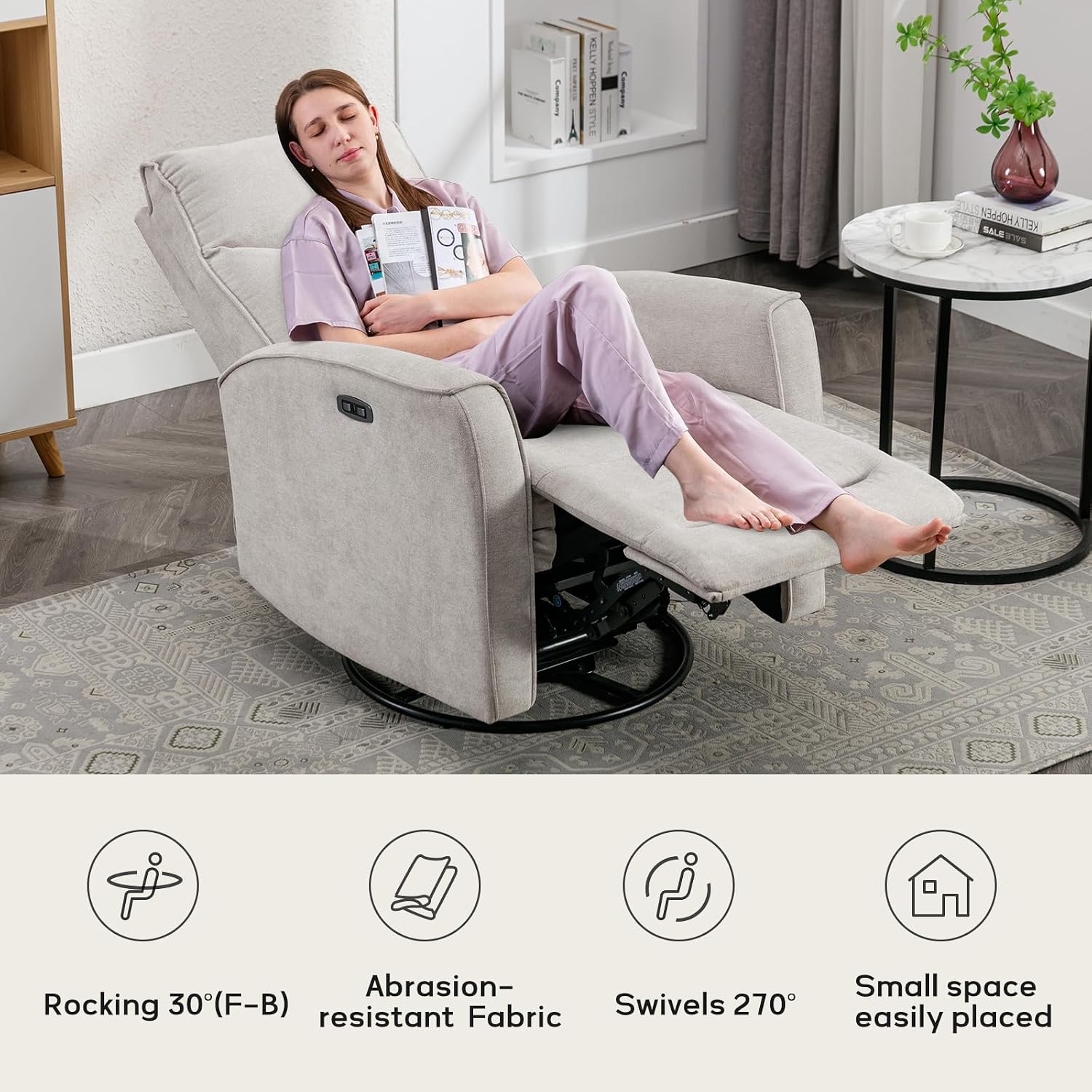 ANJ Power Swivel Recliner Chair, Glider Rocker Recliner with USB Port, Electric Nursery Recliners Sofa Rocking Chairs for Living Room, Bedroom（Grey）