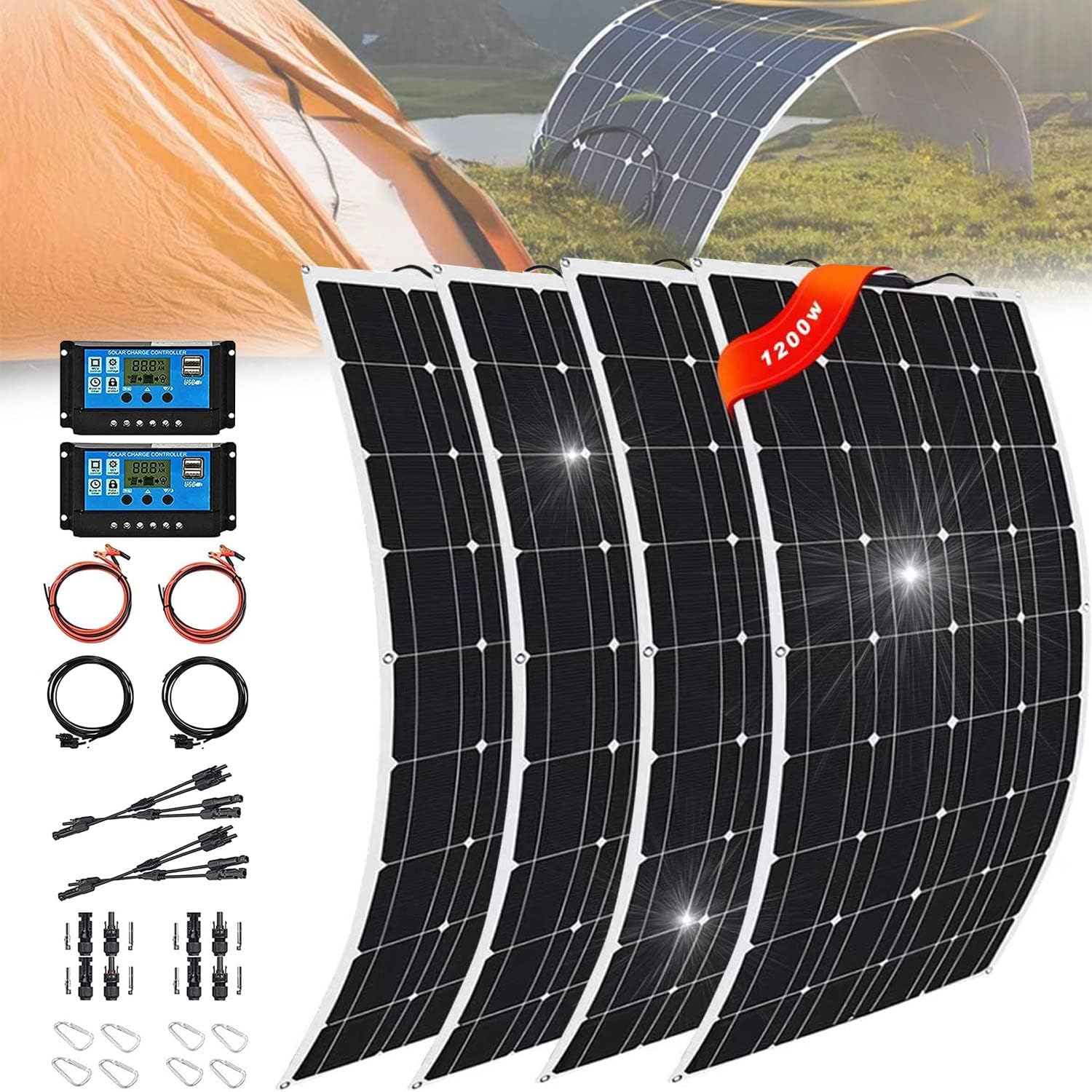 Portable Solar Panel 300W 600W 1200W, 18 Volt Solar Battery Charger for Boats, Up to 30 Degree Arc Ultra Thin USB Solar Charger, for RV, Yachts, Tent, Camper Van, Car, Trucks, Trailers,4x300W